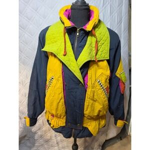 Vintage J Gallery Down Colorblock Ski Jacket 80s Neon Puffer Coat Small READ